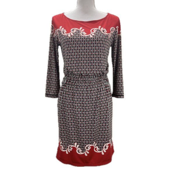 Max Studio Dresses & Skirts - Max Studio Women Midi Dress S Red Black Geometric Print 3/4 Sleeve Elastic Waist